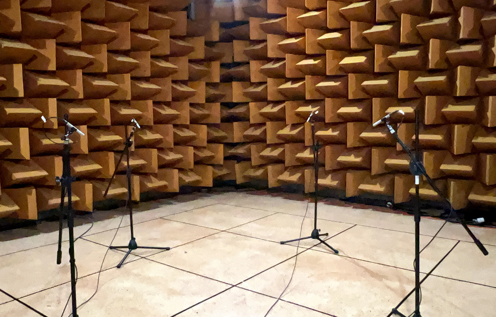 Inside a hemi-anechoic chamber with four microphones