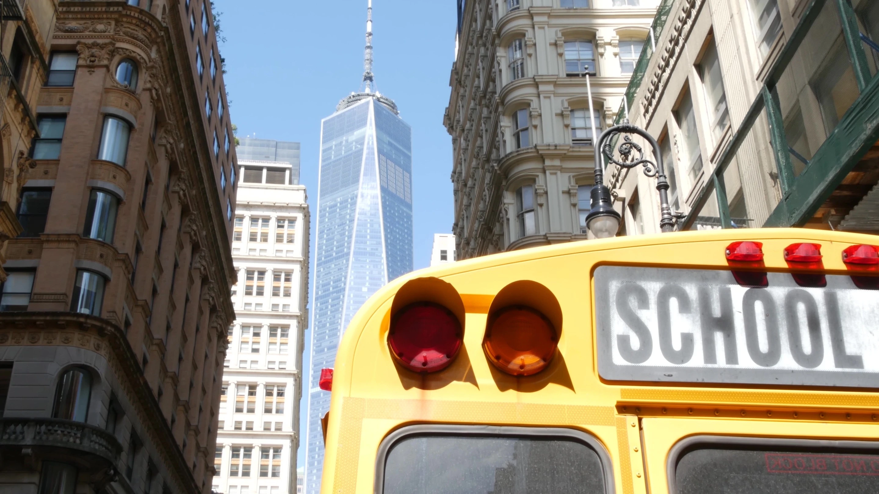 View of the back of a school bus in New York City