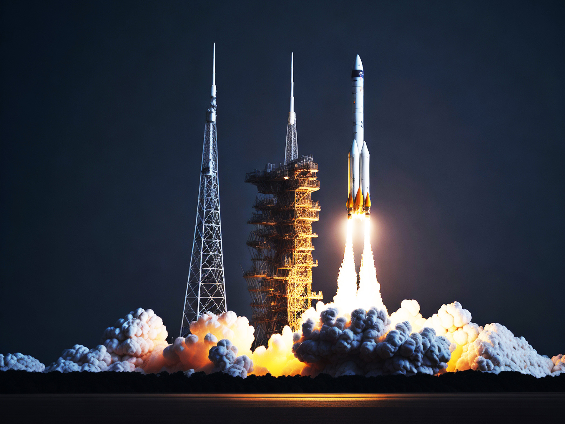 Variety of rockets at the launch pad or launching